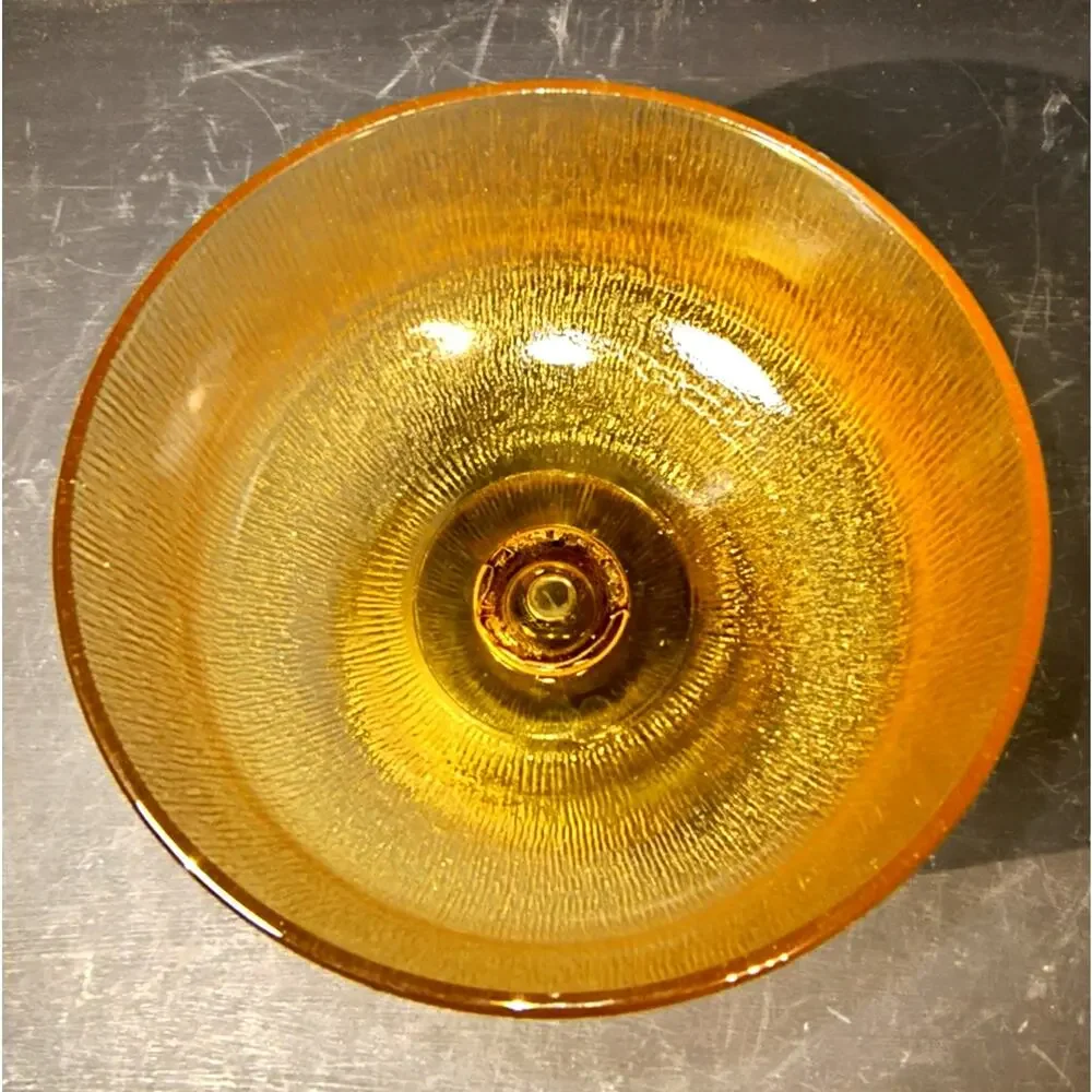 2044.  Vintage MCM Amber Glass Pedestal Compote Tree Bark Texture